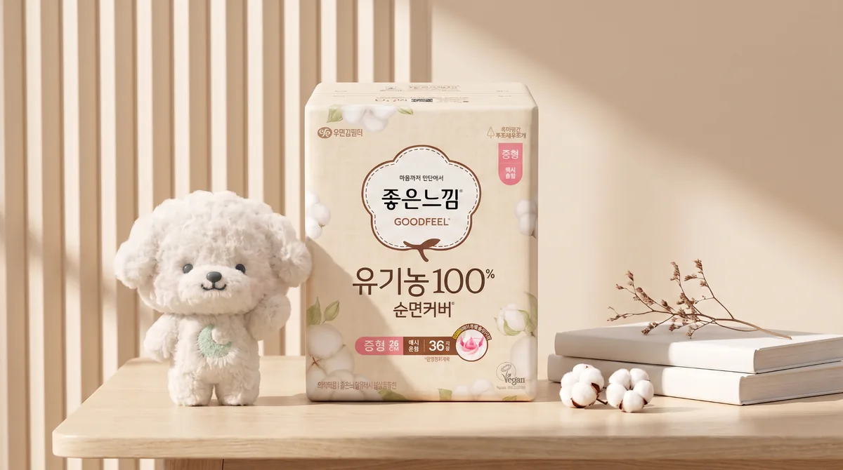 좋은느낌 유기농 100% 순면커버 제품과 목화 소재를 함께 배치한 이미지