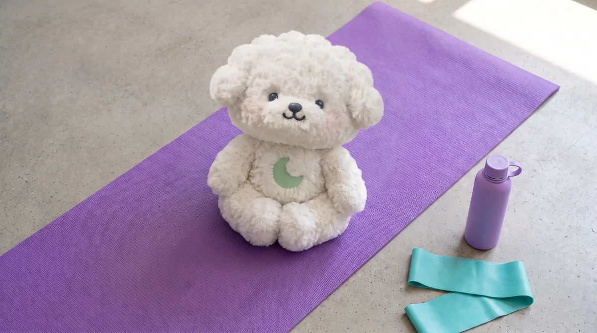 요가 매트 위에 앉은 캐릭터 인형과 운동용 밴드, 물병
